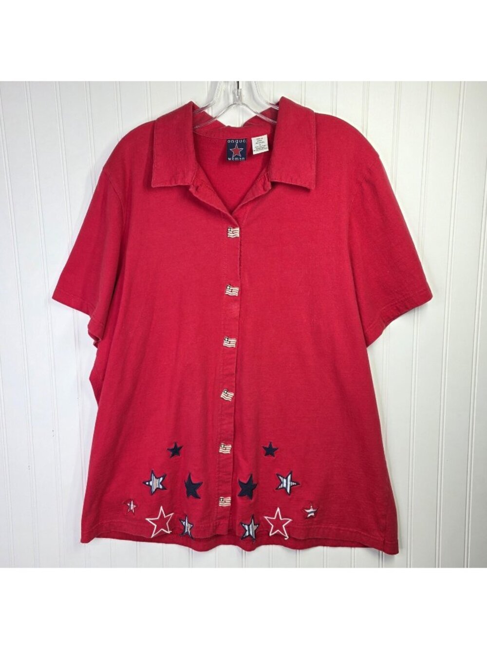 Onque Woman Shirt Womens 1X Red Patriotic Star Embroidered Button Top Casual